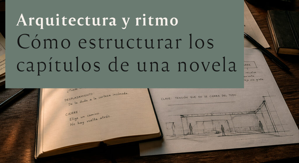 Escritorio con manuscrito que representa la estructura narrativa de los capítulos de una novela